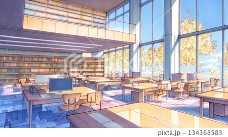 書架が並ぶ静かな図書館の内部風景｜読書、学習、知識、知的空間をテーマにした高品質背景イラスト素材 134368583