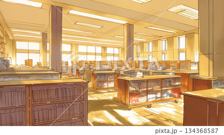 書架が並ぶ静かな図書館の内部風景｜読書、学習、知識、知的空間をテーマにした高品質背景イラスト素材 134368587