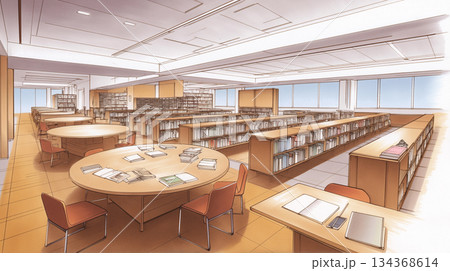 整理された本棚と開放的な空間が広がる図書館風景｜教育・勉強・自習をテーマにした明るいインテリア構成 134368614