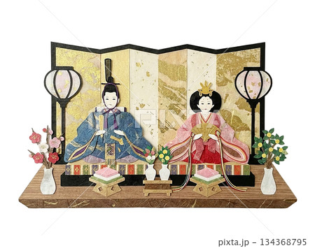 和紙で表現した一段飾りの雛人形の切り絵風イラスト 134368795