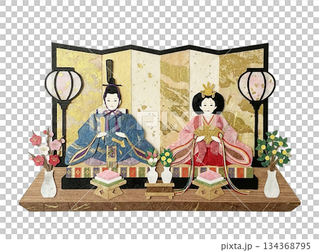 和紙で表現した一段飾りの雛人形の切り絵風イラスト 134368795