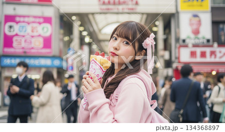 原宿でクレープを食べる女性 134368897