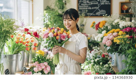 お花屋さんでブーケ選びをする店員さん 134368930