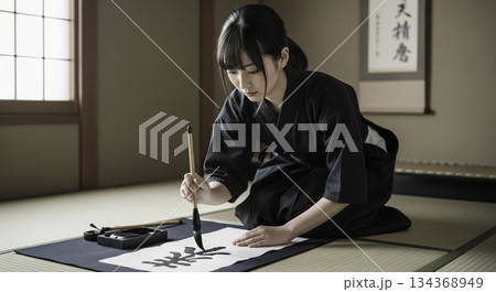 心を落ち着けて書道をする女性 134368949