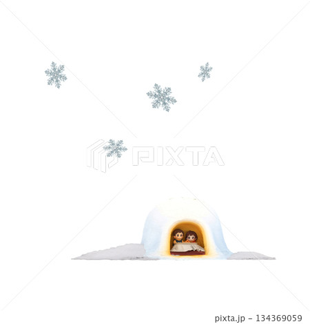 冬の雪国のかまくらの中からコタツに入り雪を見る子供と雪の結晶 冬の雪国のかまくらの中からコタツに入り雪を見る子供と雪の結晶 134369059