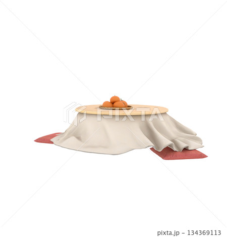 円形こたつとみかんと座布団の日本の冬の室内風景 134369113