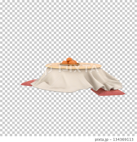 円形こたつとみかんと座布団の日本の冬の室内風景 134369113