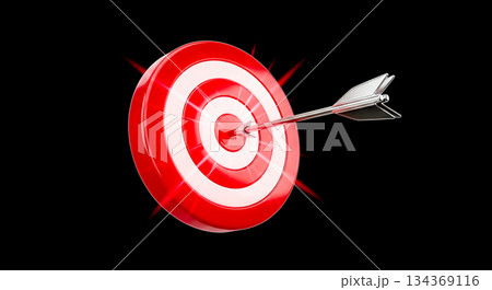 Silver arrow hitting red target bullseye with bright impact sparks on black background accuracy and perfection concept for business success Silver arrow hitting red target bullseye with bright impact sparks on black background accuracy and perfection concept for business success 134369116