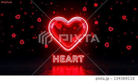 Red neon heart sign with floating particles and stars glowing in dark room for valentine day party or celebration event Red neon heart sign with floating particles and stars glowing in dark room for valentine day party or celebration event 134369118
