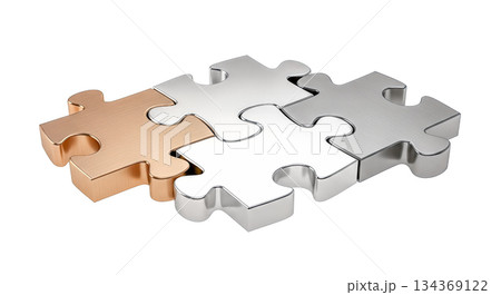 Strategic partnership concept metal puzzle pieces connected in group silver and bronze texture teamwork solution symbol isolated on white background Strategic partnership concept metal puzzle pieces connected in group silver and bronze texture teamwork solution symbol isolated on white background 134369122