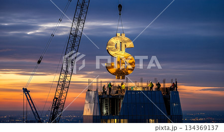 Construction crane lifting huge gold dollar sign on skyscraper roof at sunset concept financial growth real estate investment wealth profit Construction crane lifting huge gold dollar sign on skyscraper roof at sunset concept financial growth real estate investment wealth profit 134369137