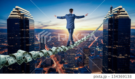Businessman walking on rope made of dollar bills between skyscrapers at sunset concept financial risk money balance investment challenge courage Businessman walking on rope made of dollar bills between skyscrapers at sunset concept financial risk money balance investment challenge courage 134369138