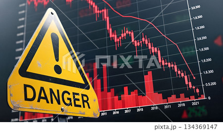Danger warning sign foreground stock market crash chart background red graph financial crisis risk investment collapse economic recession concept 134369147