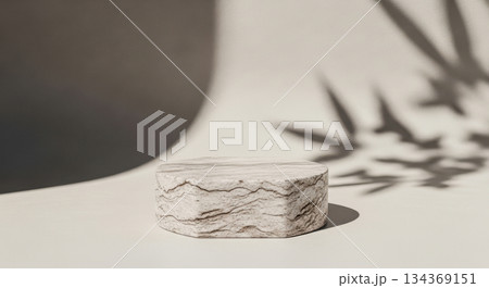 Stone podium with leaf shadow for product display mockup or concept of natural, cosmetic, or spa presentation 134369151