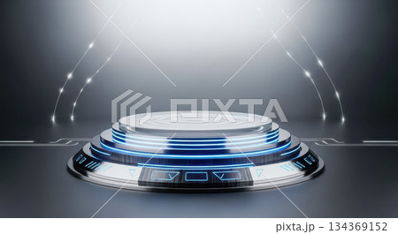 Futuristic 3d podium with glowing blue neon lights. Empty round stage for technology product display. Sci-fi pedestal on dark background. Modern abstract technology showcase Futuristic 3d podium with glowing blue neon lights. Empty round stage for technology product display. Sci-fi pedestal on dark background. Modern abstract technology showcase 134369152