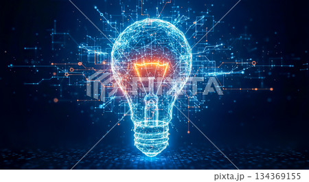Digital lightbulb concept, technology innovation, bright idea, plexus network background, global connection, futuristic energy, creative solution, glowing wireframe Digital lightbulb concept, technology innovation, bright idea, plexus network background, global connection, futuristic energy, creative solution, glowing wireframe 134369155