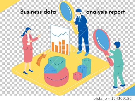 虫眼鏡でデータ覗き込むビジネスパーソン 134369186