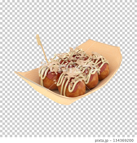 章魚燒配蛋黃醬和鰹魚片,盛於竹船形盤子中 章魚燒配蛋黃醬和鰹魚片,盛於竹船形盤子中 134369200