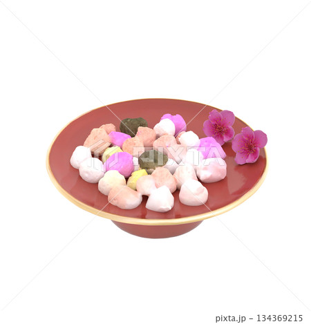 桃の節句の桃の花を添えたひなあられ 134369215