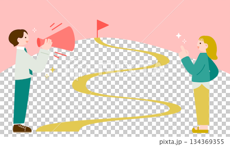 一名女子努力衝向終點,一名男子在一旁為她加油。 一名女子努力衝向終點,一名男子在一旁為她加油。 134369355