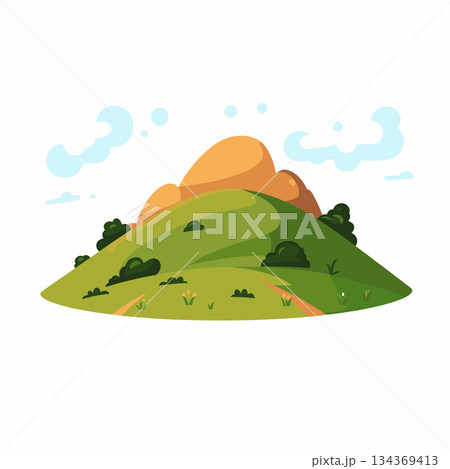 A cartoon illustration depicts a green grassy hill with rocks at its peak. There are shrubs on the hill, a few small flowers, and a winding path. The sky shows light blue clouds. 134369413