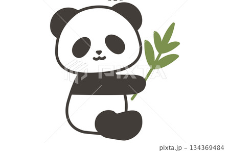かわいいパンダが笹の葉を持って座る手描きイラスト素材 134369484