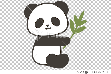 かわいいパンダが笹の葉を持って座る手描きイラスト素材 134369484