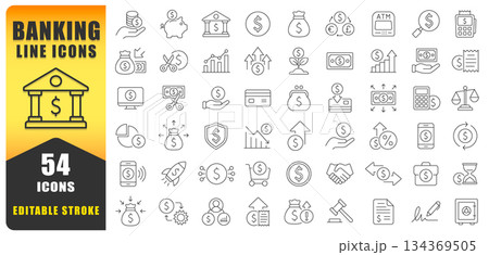 Money and Banking Editable Stroke Line Icon Set. Personal Finance Thin Line Icons Collection. Budget, Savings, Expense, Income, Loan, Dollar, Euro, Pound. Isolated Vector Icons. 134369505