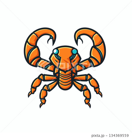 A cartoon scorpion is presented. It is orange with blue accents. The scorpion has segmented claws raised, six legs, and cartoonish blue eyes. It appears to be posing on a white backdrop. 134369559