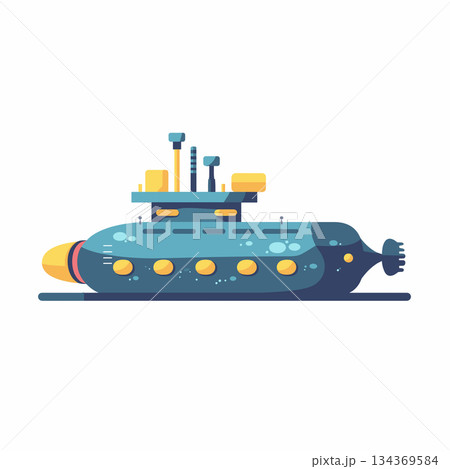 Cartoon illustration of a dark blue Submarine with yellow details on a white background Cartoon illustration of a dark blue Submarine with yellow details on a white background 134369584
