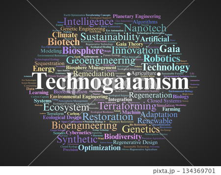 Technogaianism Word Cloud. Core Concepts on Technological Paths to Ecological Renewal 134369701