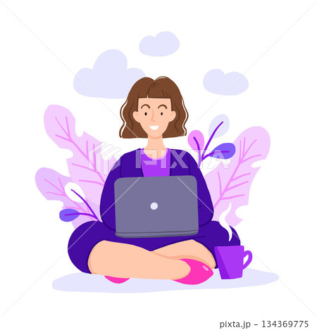 vector illustration of Internet assistant at work. manager for remote work. Freelancer character working from home with laptop sitting in lotus pose with a cup of hot tea or coffee. 134369775