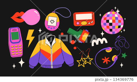 Classic 80s back to 90s elements in modern flat style. Hand drawn sticker set, vector illustration. Fashion patch, badge, emblem with vintage accessories. 134369776