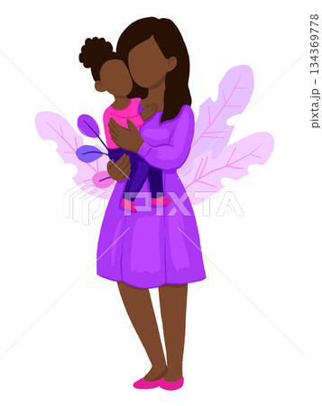 african american mom hugging her child girl. Mother embracing little daughter and expressing love and care. Lovely cartoon characters isolated on white background. 134369778