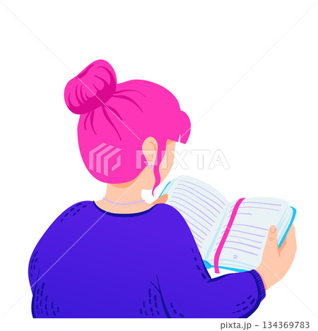 Vector illustration of woman reading a motivational book, daily planner. View from the back, girl with pink hair. Flat violet icon isolated on white background. Vector illustration of woman reading a motivational book, daily planner. View from the back, girl with pink hair. Flat violet icon isolated on white background. 134369783