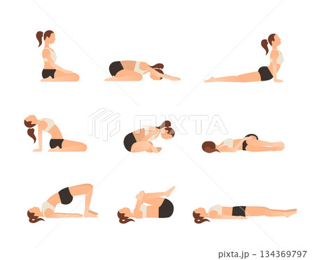 Yoga poses for better sleep. Vector illustrations with woman in sport bra and shorts doing asanas from insomnia and relaxing. Healthy poster in flat vector design. On white isolated background. Yoga poses for better sleep. Vector illustrations with woman in sport bra and shorts doing asanas from insomnia and relaxing. Healthy poster in flat vector design. On white isolated background. 134369797