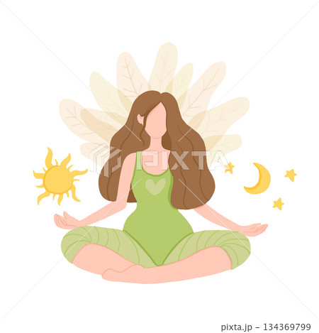 Day and night. Girl in yoga lotus practices meditation. Vector illustration in flat style. Young woman meditating with sun and moon with stars Day and night. Girl in yoga lotus practices meditation. Vector illustration in flat style. Young woman meditating with sun and moon with stars 134369799