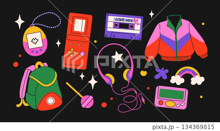Classic 80s back to 90s elements in modern flat style. Hand drawn sticker set, vector illustration. Fashion patch, badge, emblem with vintage accessories. Classic 80s back to 90s elements in modern flat style. Hand drawn sticker set, vector illustration. Fashion patch, badge, emblem with vintage accessories. 134369815