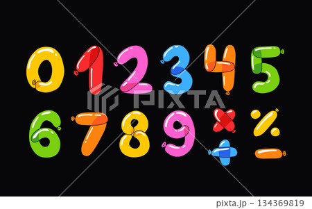 Colorful numbers and symbols balloons. Inflatable minimalistic Balloons for birthday, carnival, celebration, anniversary and holiday party background. 134369819