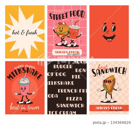 Set of fast food posters. Retro groovy cards with street food characters. Brochure with funky groovy burger, french fries, soda, ice cream, donut, pie, coffee to go, sandwich. Fast food delivery 134369829