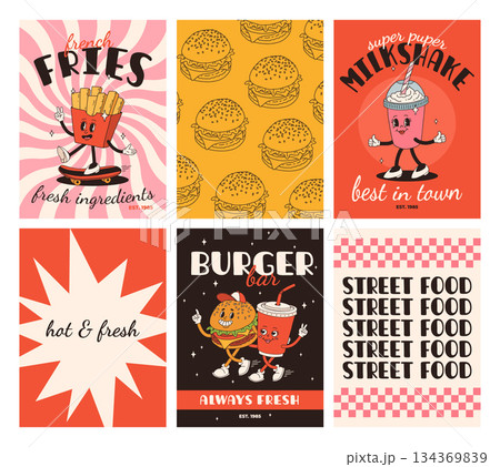 Set of fast food posters. Retro groovy cards with street food characters. Brochure with funky groovy burger, french fries, soda, ice cream, donut, pie, coffee to go, sandwich. Fast food delivery 134369839