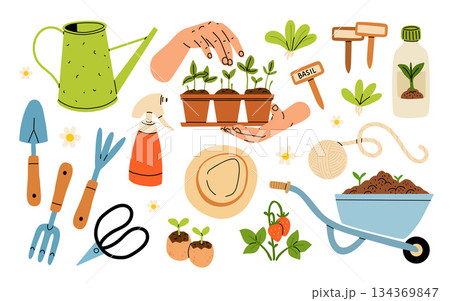 Gardening equipment and tools still life vector illustration. Garden watering can, flowers, shovel, flowerpot with plant, wellies rubber boots icon set isolated on a white background Gardening equipment and tools still life vector illustration. Garden watering can, flowers, shovel, flowerpot with plant, wellies rubber boots icon set isolated on a white background 134369847
