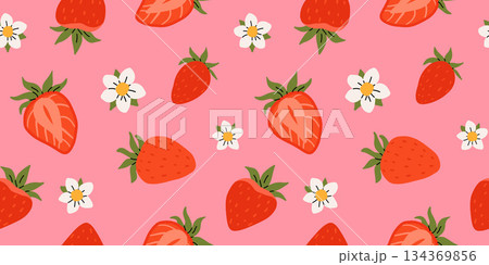 Strawberry flat vector seamless pattern. Summer drinks, sweets and desserts with taste of strawberries. Chocolate strawberry, cookie, sandwich, mochi, cheesecake, tanghulu. 134369856