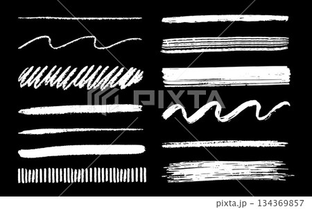 Scribbles set. Hand drawn chalk rough brush lines. White marker drawing strokes vector collection. Paint brush sketches. Scrawl textured elements isolated on black background 134369857