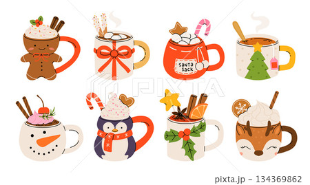Christmas hot drink set. Flat cartoon different beverages. Holiday cute mugs hot cocoa, coffee, milk, cream and mulled wine. New year drinks decorated holly and candy. Isolated vector illustration Christmas hot drink set. Flat cartoon different beverages. Holiday cute mugs hot cocoa, coffee, milk, cream and mulled wine. New year drinks decorated holly and candy. Isolated vector illustration 134369862