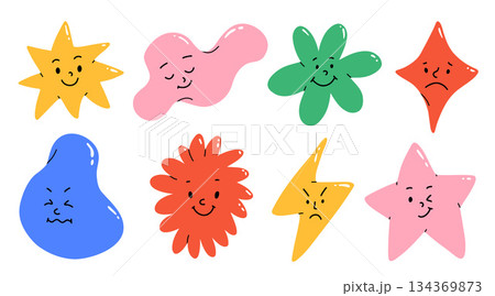 Set of colorful abstract shape cartoon character illustration. Trendy 90s style funny art background collection with faces and drawing doodle. 134369873