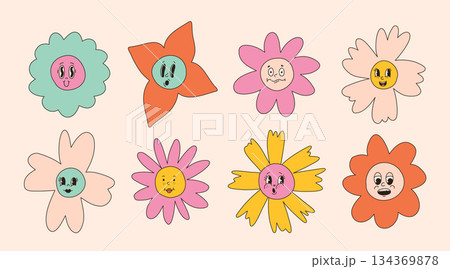 Groovy flower cartoon characters. Funny happy daisy with eyes and smile. Sticker pack in trendy retro trippy style. Isolated vector illustration. Hippie 60s, 70s style. Groovy flower cartoon characters. Funny happy daisy with eyes and smile. Sticker pack in trendy retro trippy style. Isolated vector illustration. Hippie 60s, 70s style. 134369878