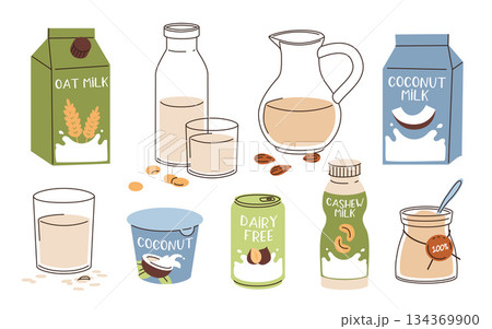 Vegan milk collection, milk alternatives with almond, coconut, oat, set of bottles, packs with plant based beverages, cashew drink icon, vector illustrations of natural non diary food with lettering 134369900