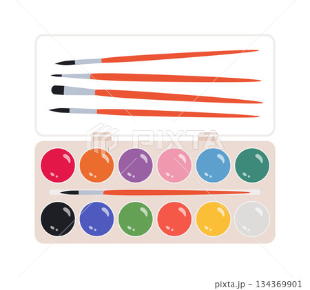 Watercolor paints and brushes. Colored paints for drawing. Colorful school paints and brushes in a box. Vector illustration isolated on a white background 134369901
