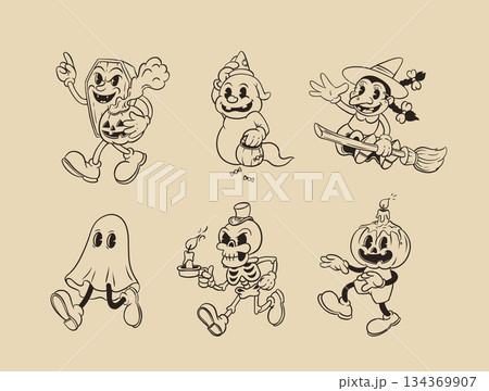 Retro groovy Halloween mascot set. Isolated cartoon vector funny characters, jack o lantern, ghost and skeleton with a candle, flying witch, ghost and wooden coffin with a pumpkin 134369907